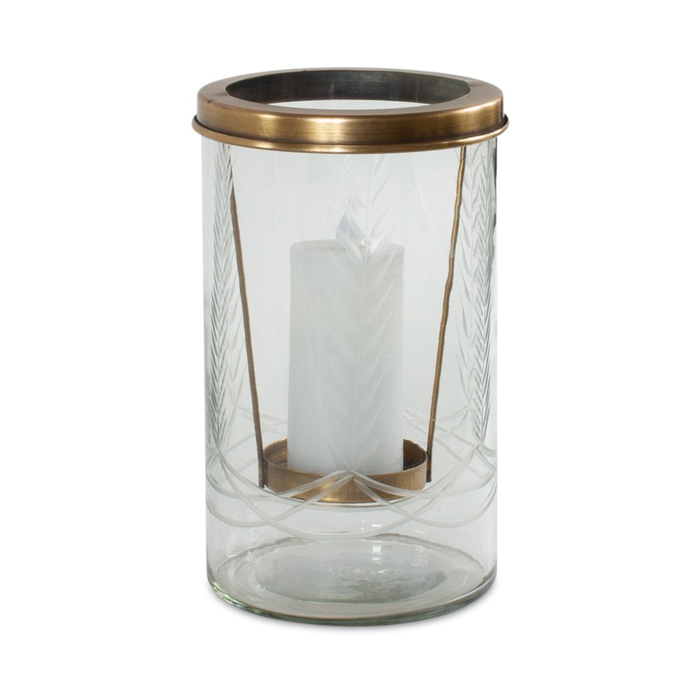 9" Clear And Gold Botanical Leaf Glass And Metal Tabletop Hurricane Candle Holder