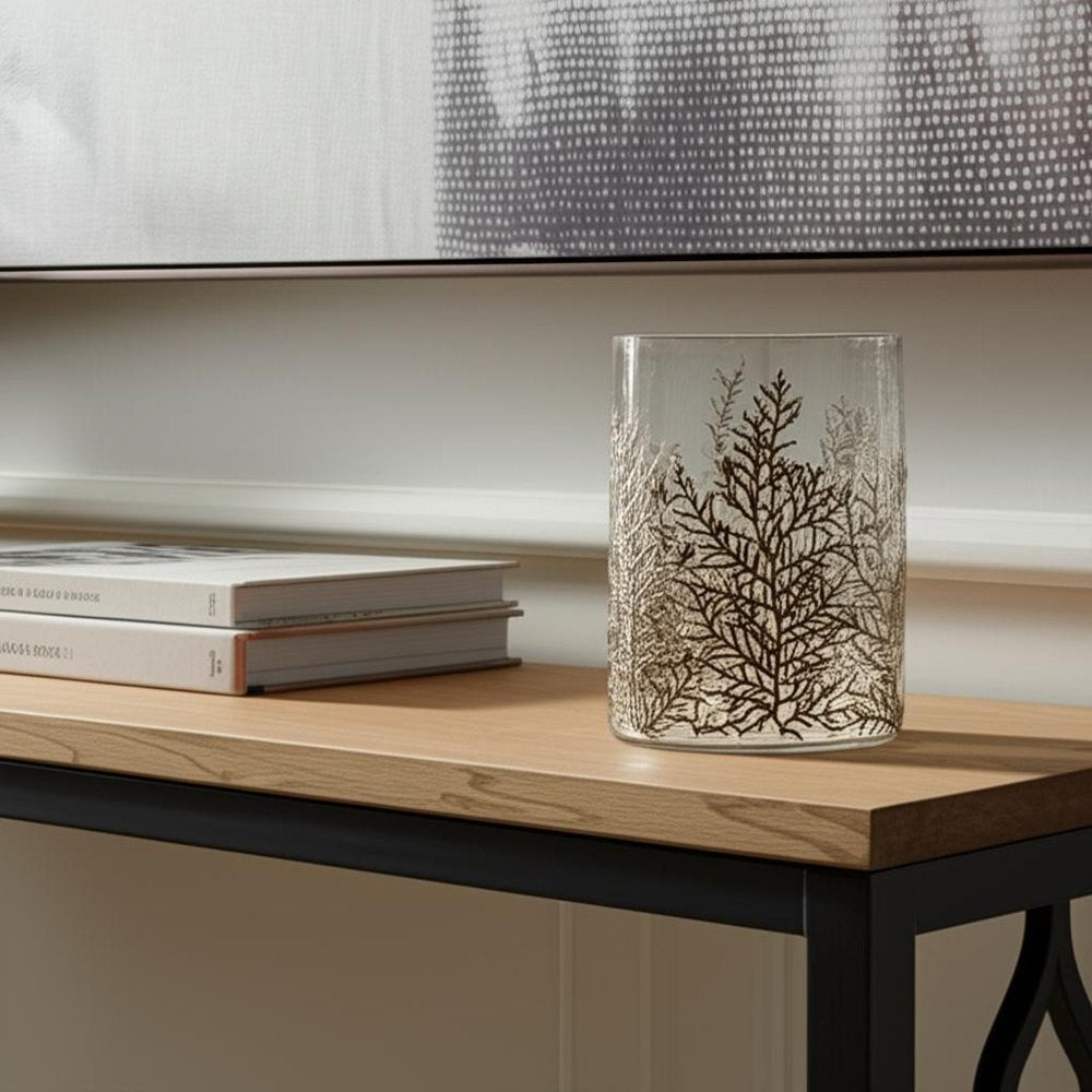 8" Brown And Clear Botanical Leaf Glass Tabletop Pillar Candle Holder