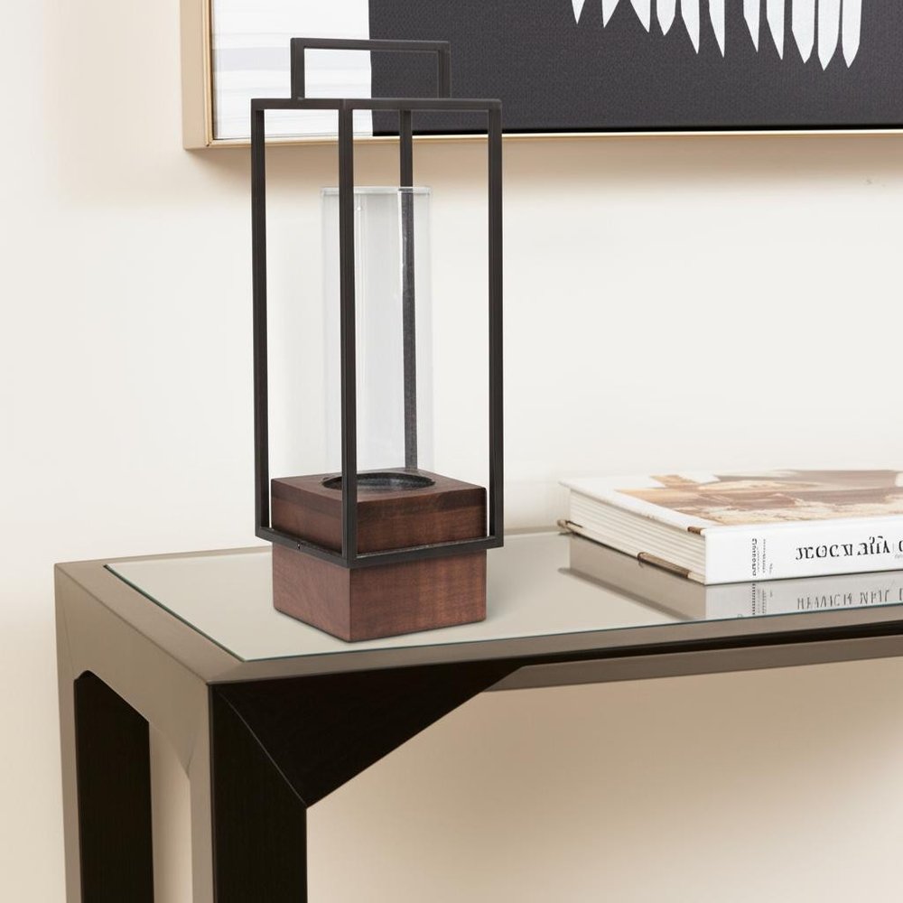 20" Black And Brown Metal And Solid Wood Tabletop Lantern Candle Holder