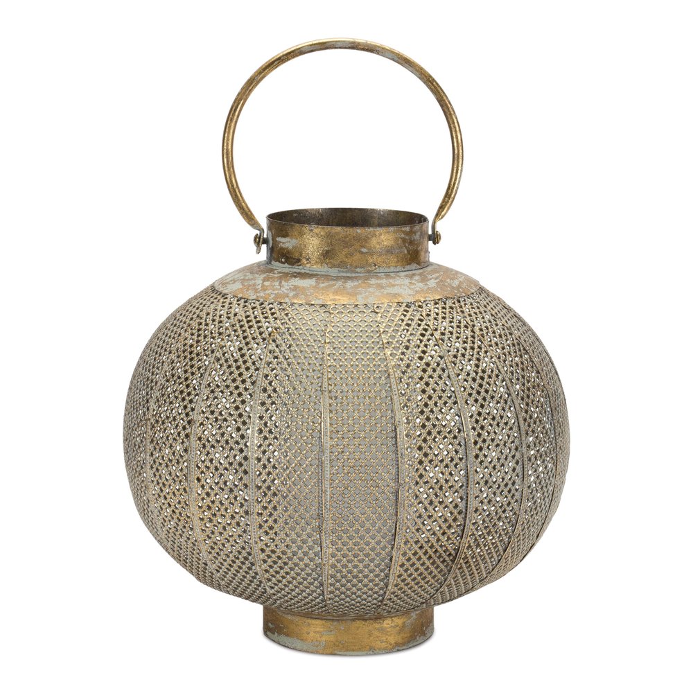 12" Bronze And Green Distressed Lattice Metal Tabletop Lantern Candle Holder