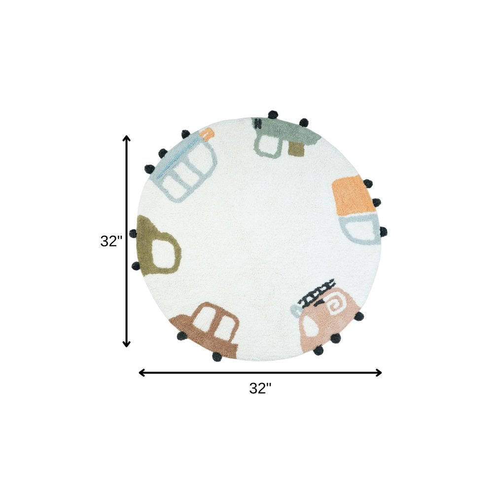 32" Blue Green And White Cotton Cars Round Youthful Bath Rug