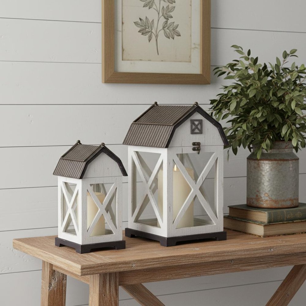 Set of Two White And Brown Distressed Geometric Wood Floor Lantern Candle Holders