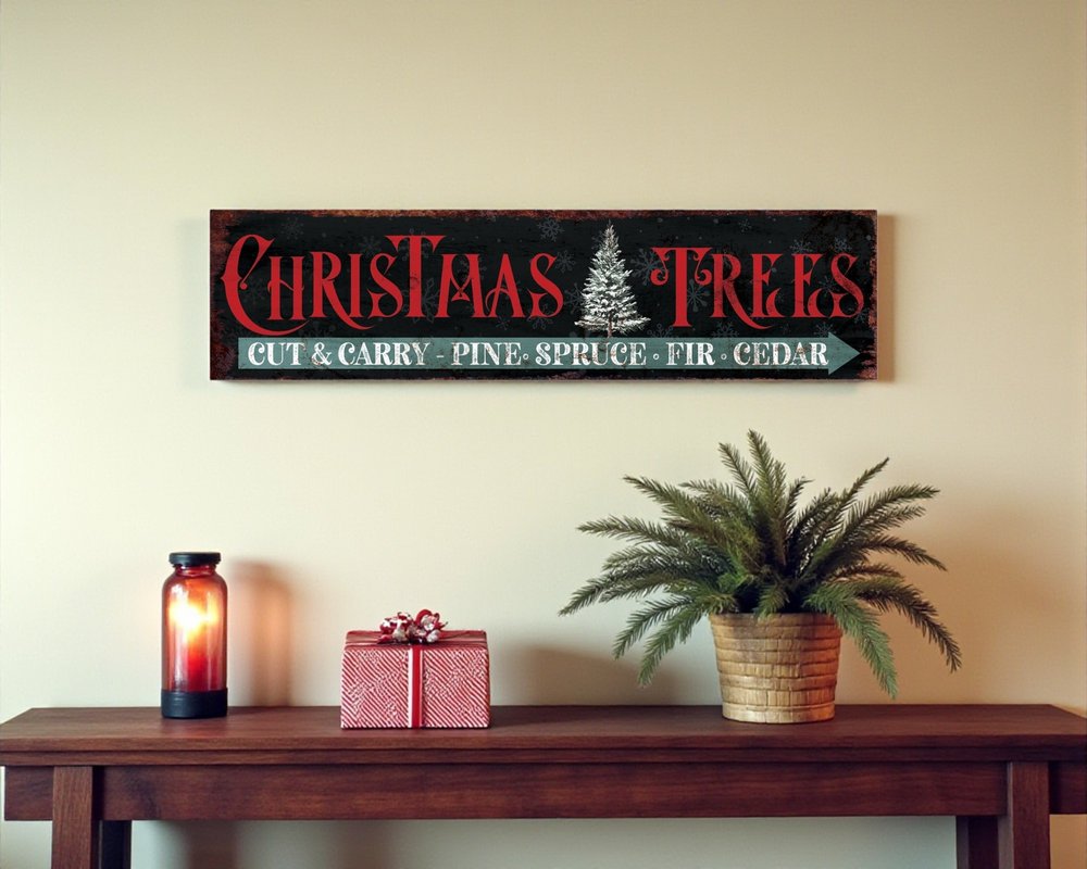 36" X 11" Black Red And White Christmas Trees Wood Wall Decor