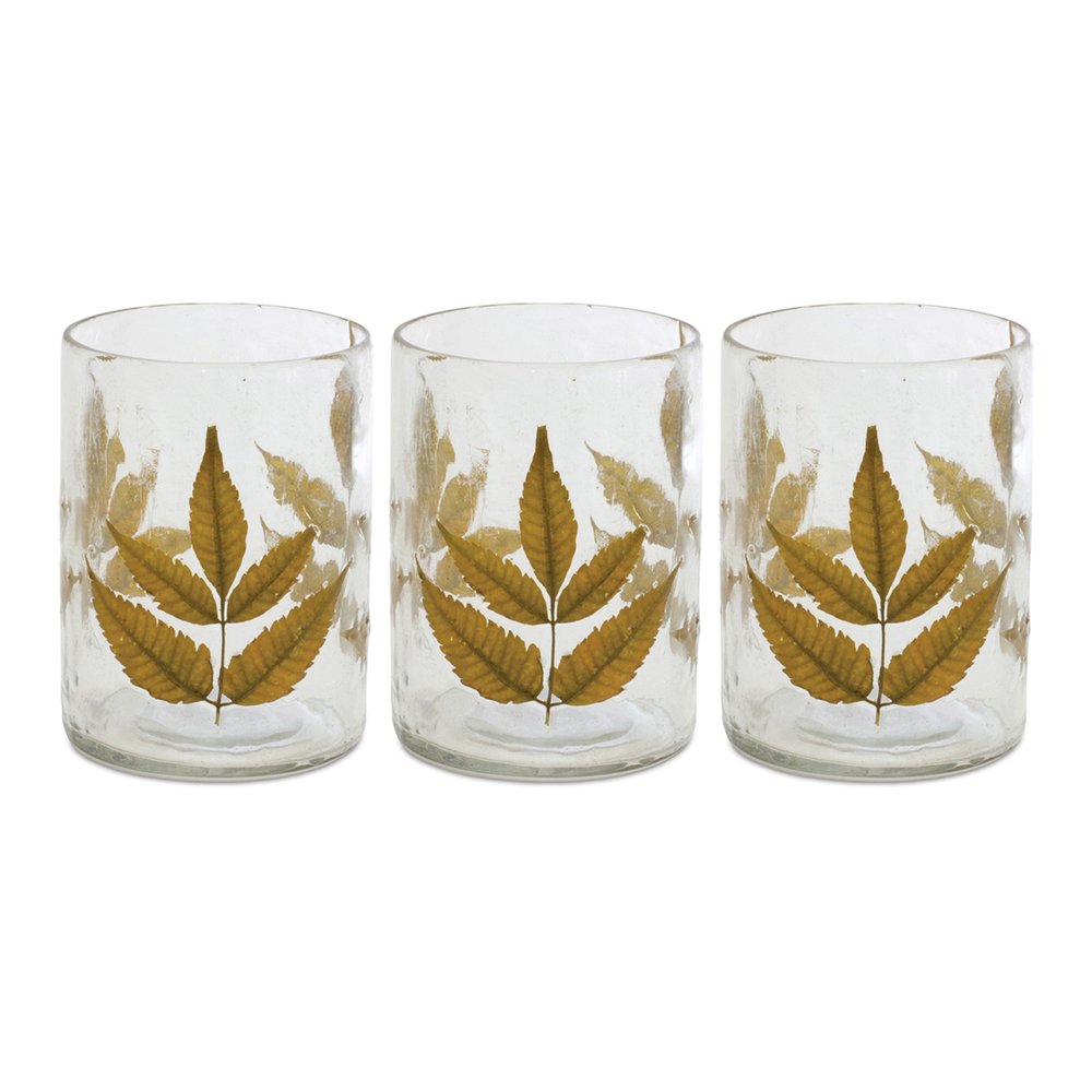 Set of Three Brown Distressed Botanical Leaf Glass Tabletop Hurricane Candle Holders