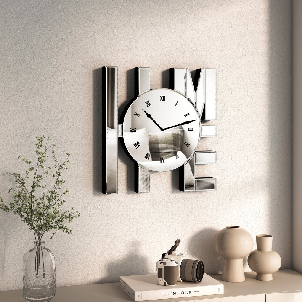 14" Silver Mirrored Glass Silent Analog Home Wall Clock