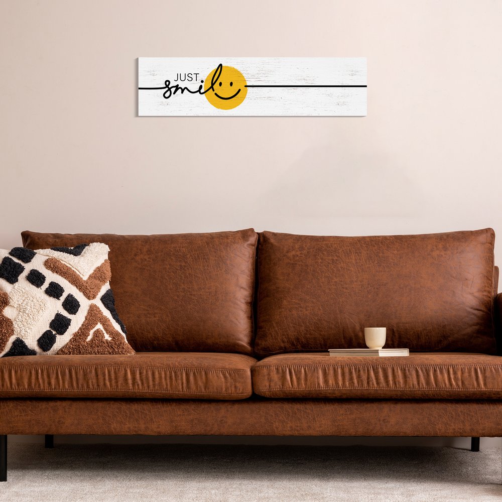 36" X 11" Black White And Yellow Just Smile Wood Wall Decor
