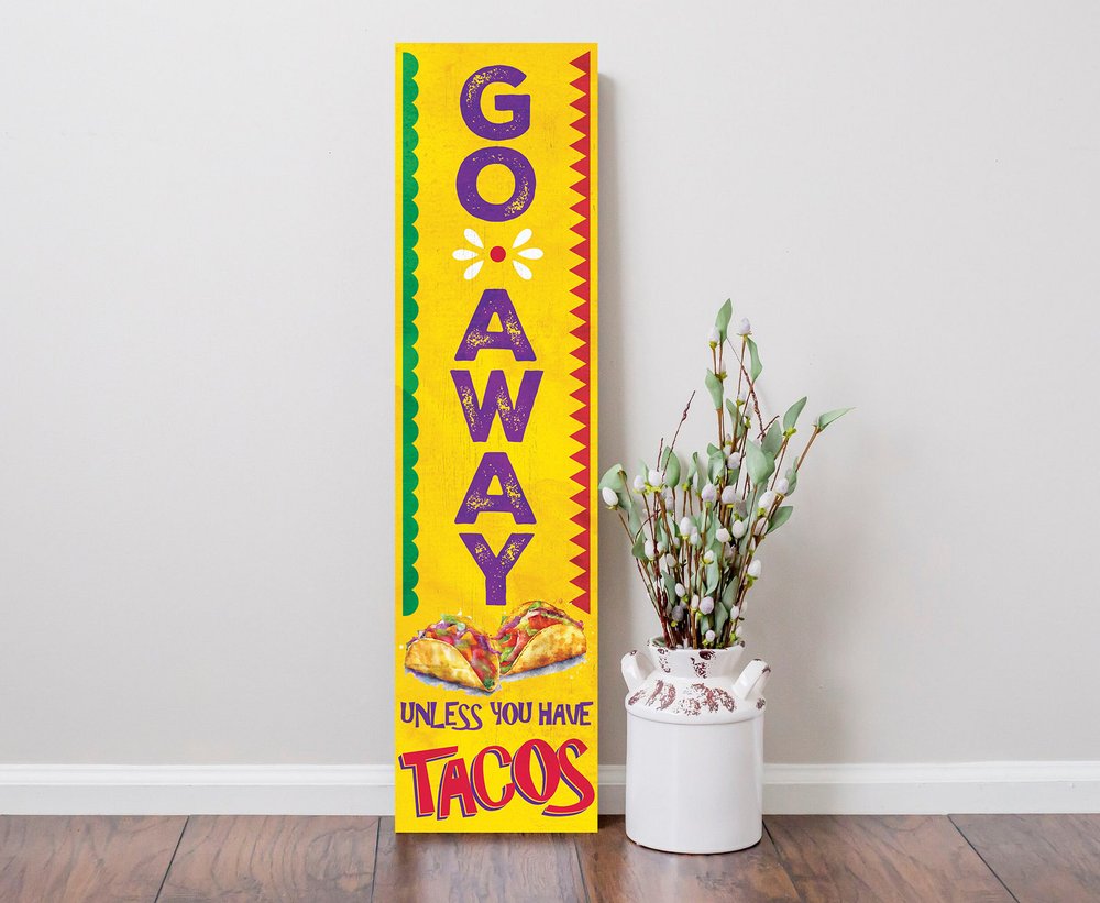 36" X 11" Purple Red And Yellow Go Away Unless You Have Tacos Wood Hanging Wall Decor