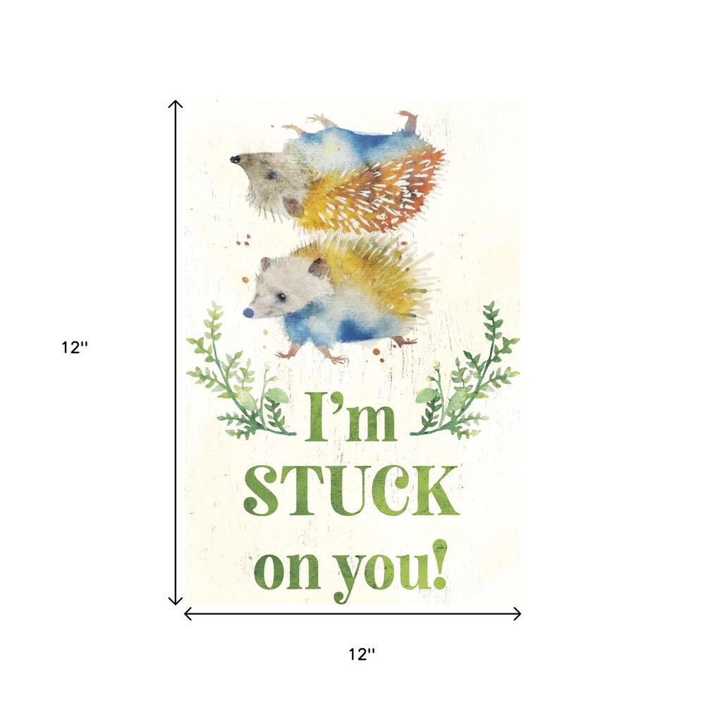 12" X 12" White And Green I'm Stuck On You with Hedgehogs Canvas Wall Decor