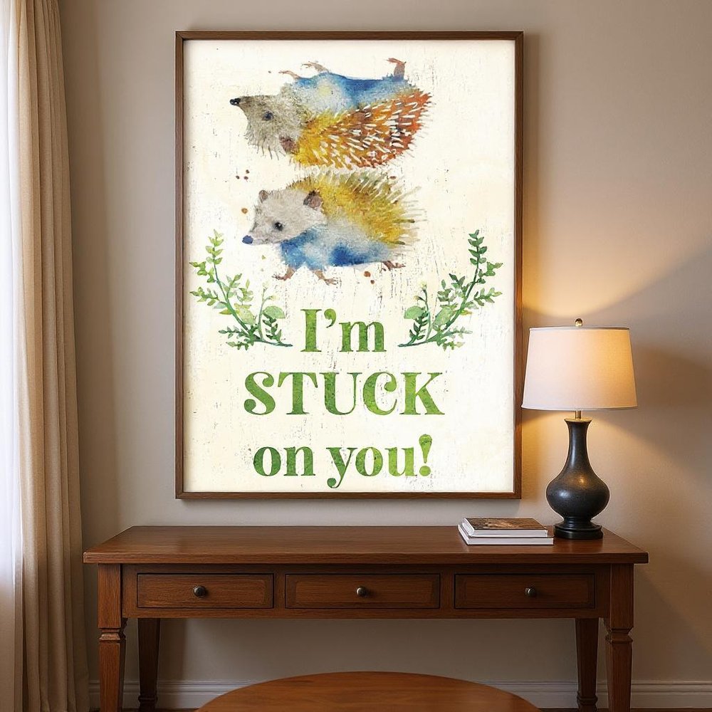 12" X 12" White And Green I'm Stuck On You with Hedgehogs Canvas Wall Decor