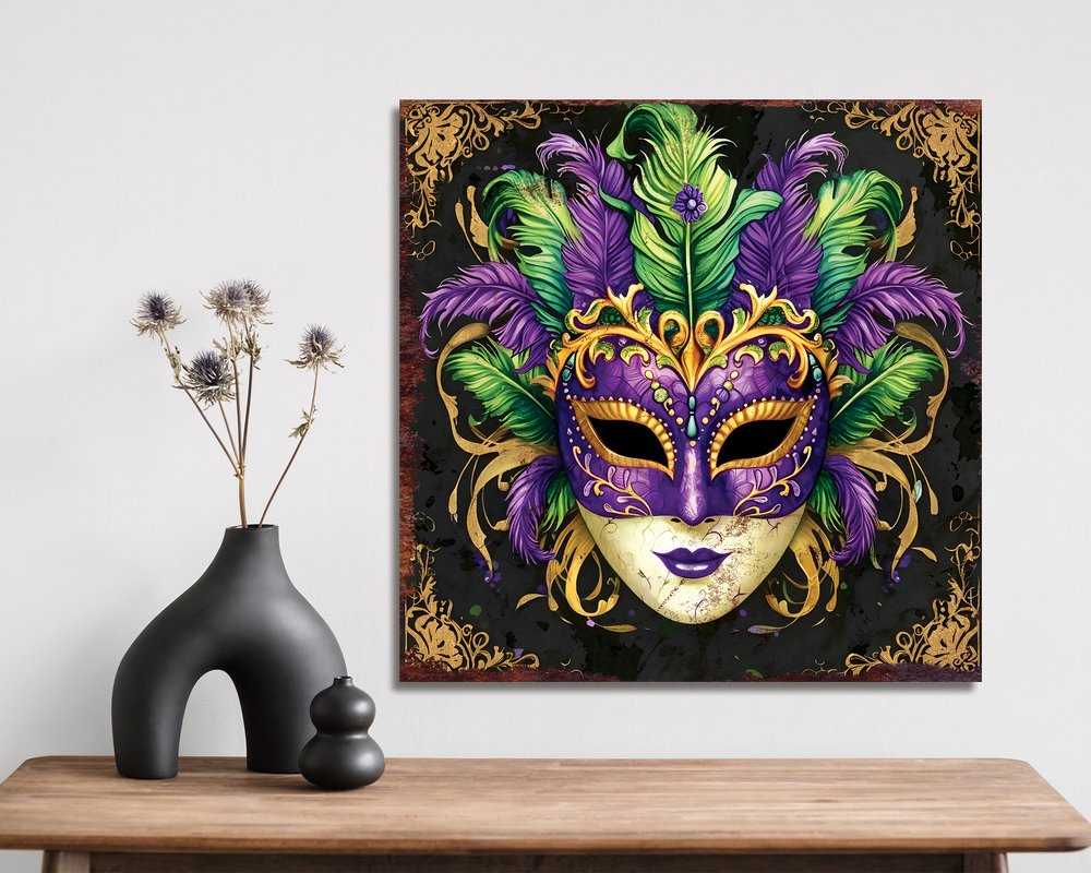 12" X 12" Black Gold And Purple Mardi Gras Canvas Square Hanging Wall Decor