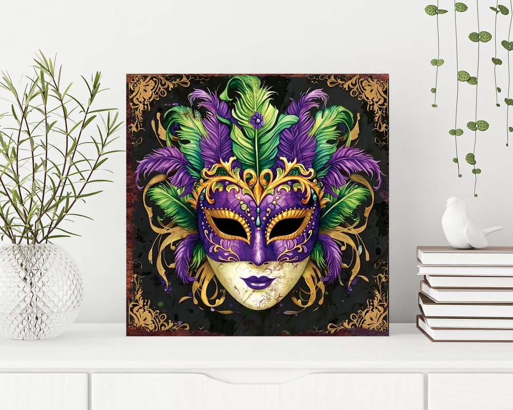 12" X 12" Black Gold And Purple Mardi Gras Canvas Square Hanging Wall Decor