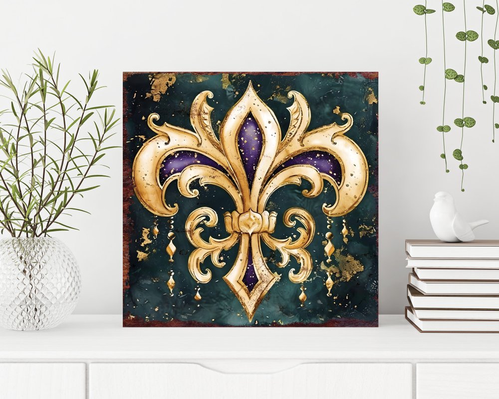 12" X 12" Black Gold And Purple Mardi Gras Canvas Square Hanging Wall Decor