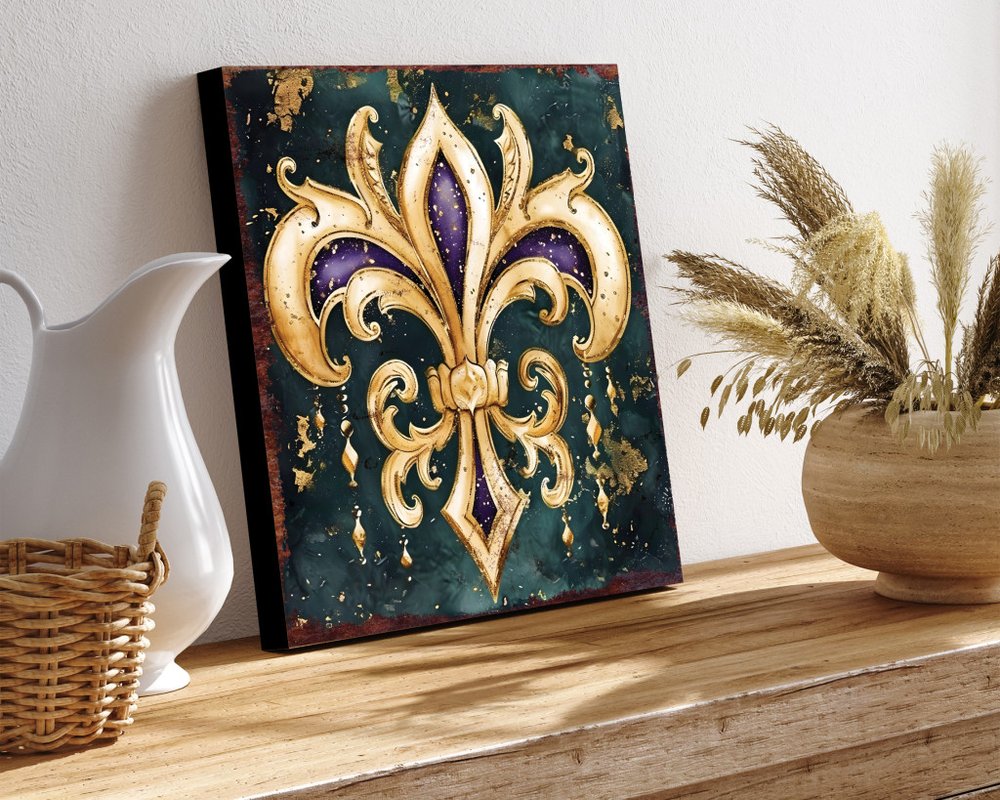 12" X 12" Black Gold And Purple Mardi Gras Canvas Square Hanging Wall Decor