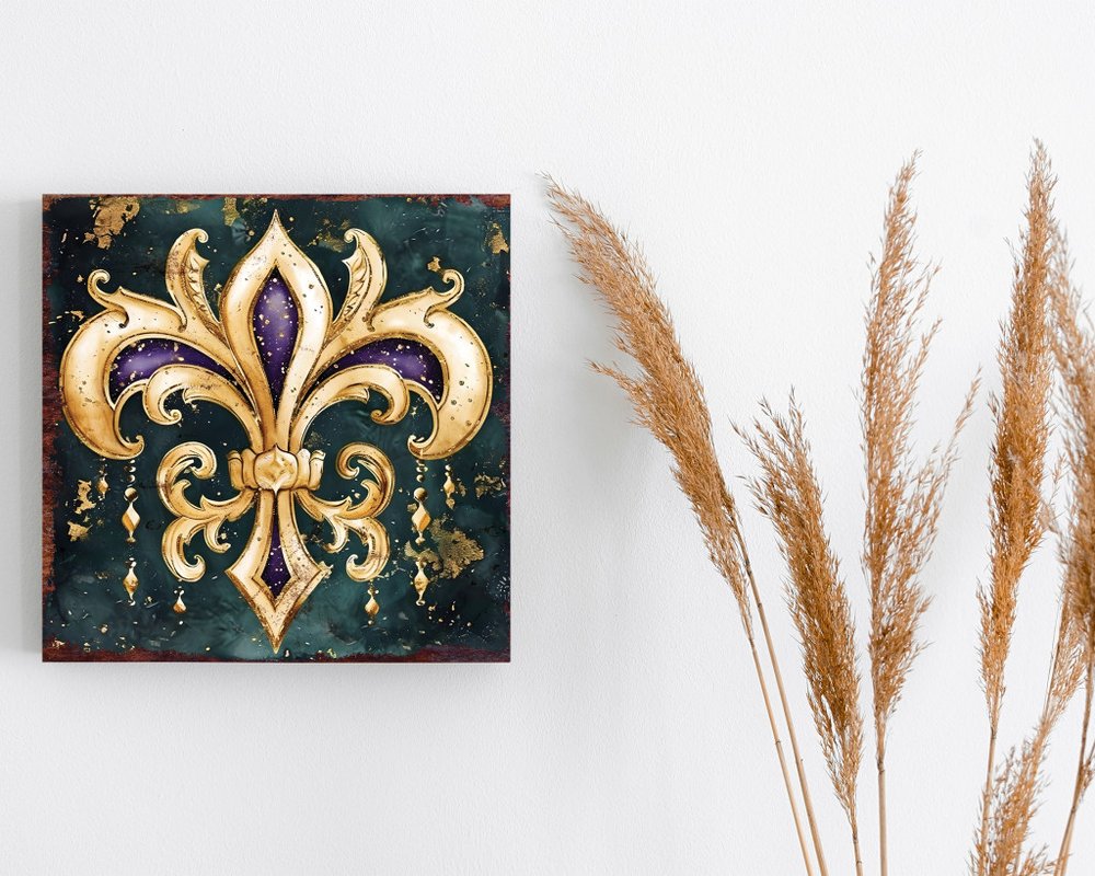 12" X 12" Black Gold And Purple Mardi Gras Canvas Square Hanging Wall Decor
