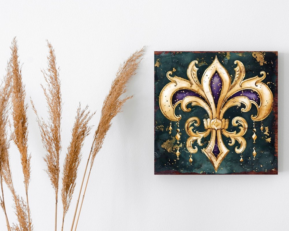 12" X 12" Black Gold And Purple Mardi Gras Canvas Square Hanging Wall Decor