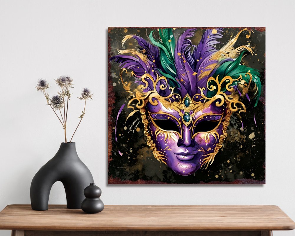 12" X 12" Black Gold And Purple Mardi Gras Canvas Square Hanging Wall Decor