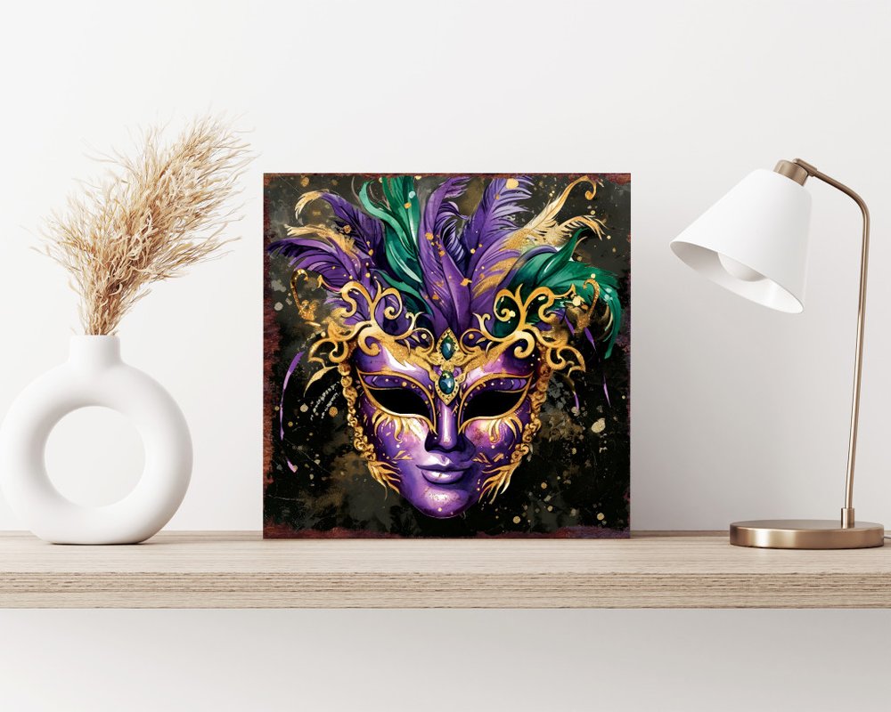 12" X 12" Black Gold And Purple Mardi Gras Canvas Square Hanging Wall Decor