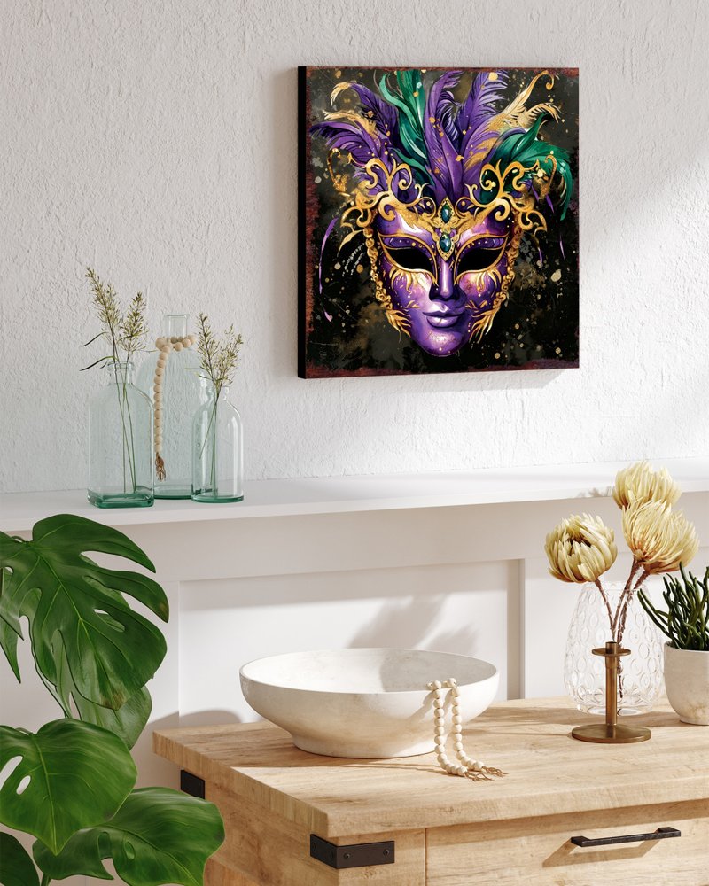 12" X 12" Black Gold And Purple Mardi Gras Canvas Square Hanging Wall Decor