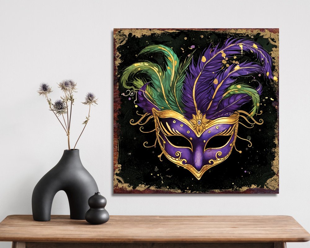 12" X 12" Black Gold And Purple Mardi Gras Canvas Square Hanging Wall Decor