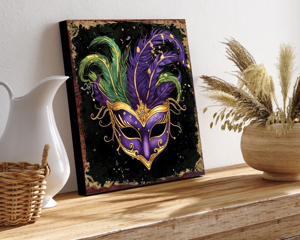 12" X 12" Black Gold And Purple Mardi Gras Canvas Square Hanging Wall Decor