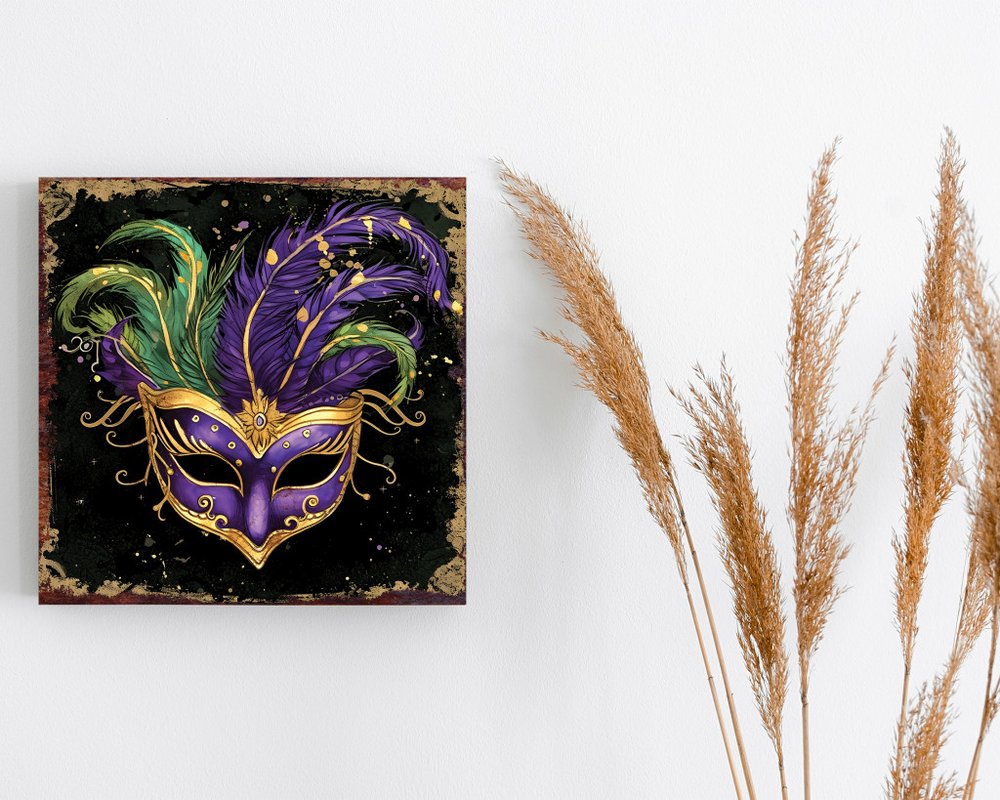 12" X 12" Black Gold And Purple Mardi Gras Canvas Square Hanging Wall Decor