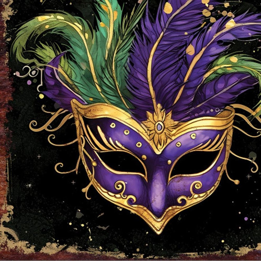 12" X 12" Black Gold And Purple Mardi Gras Canvas Square Hanging Wall Decor
