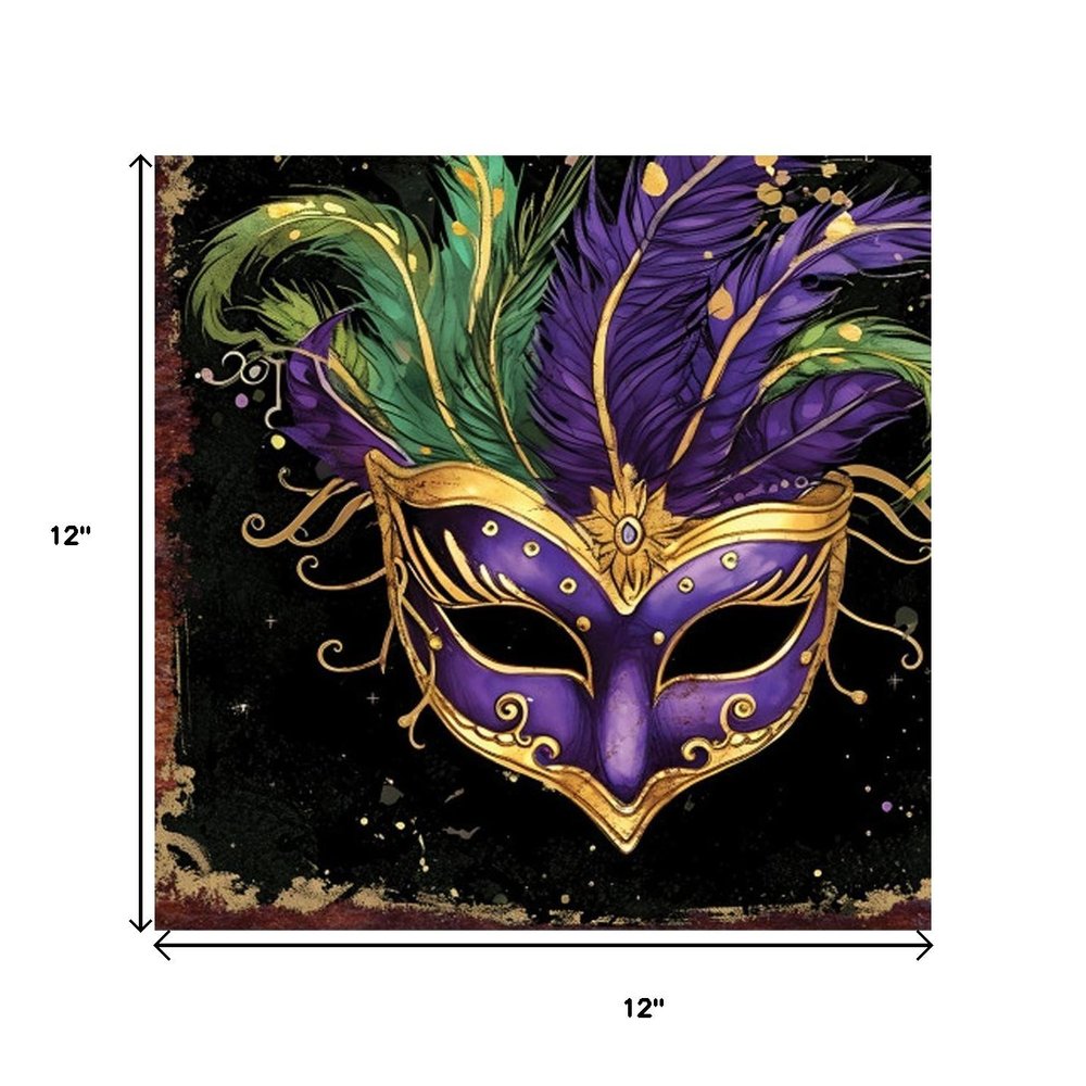 12" X 12" Black Gold And Purple Mardi Gras Canvas Square Hanging Wall Decor