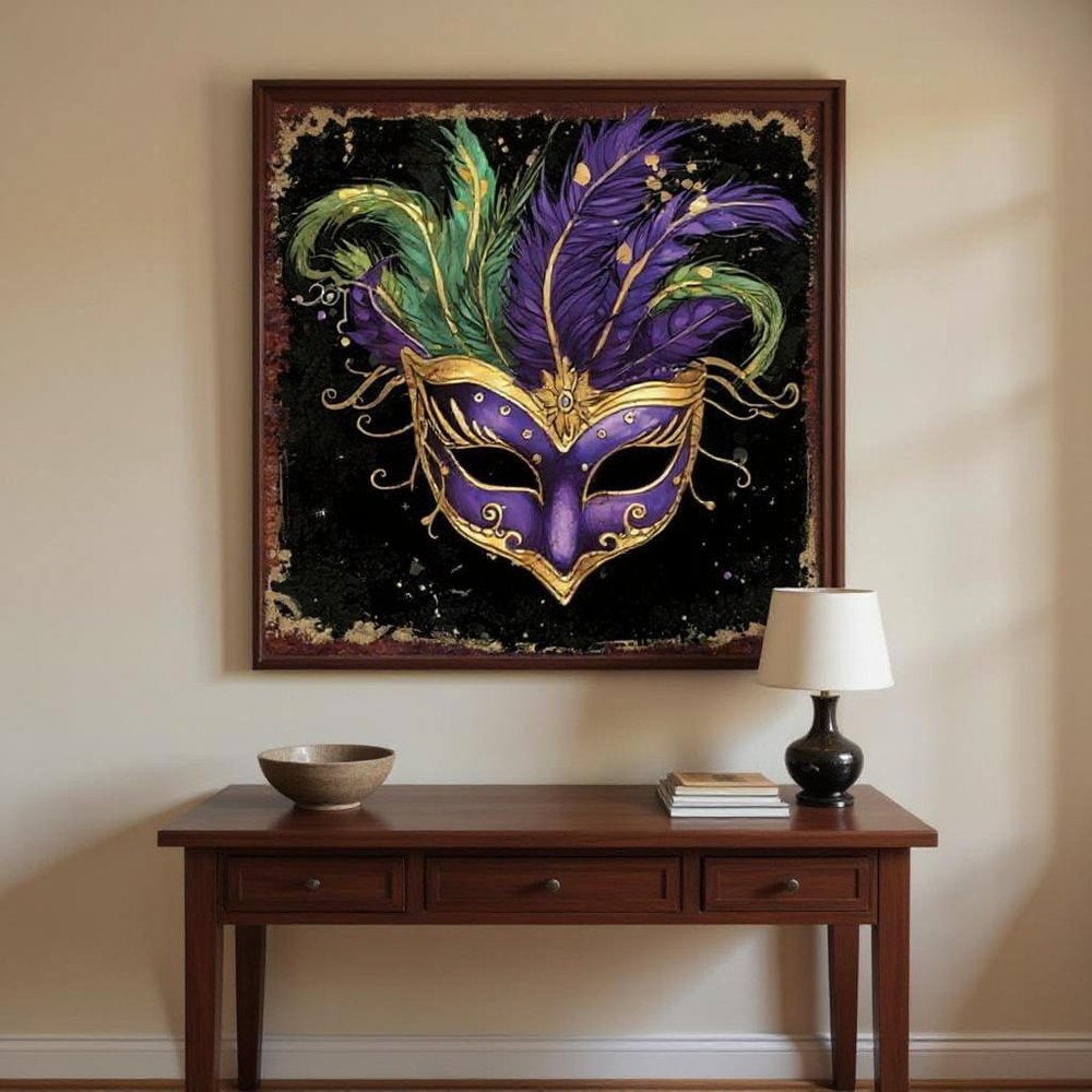 12" X 12" Black Gold And Purple Mardi Gras Canvas Square Hanging Wall Decor