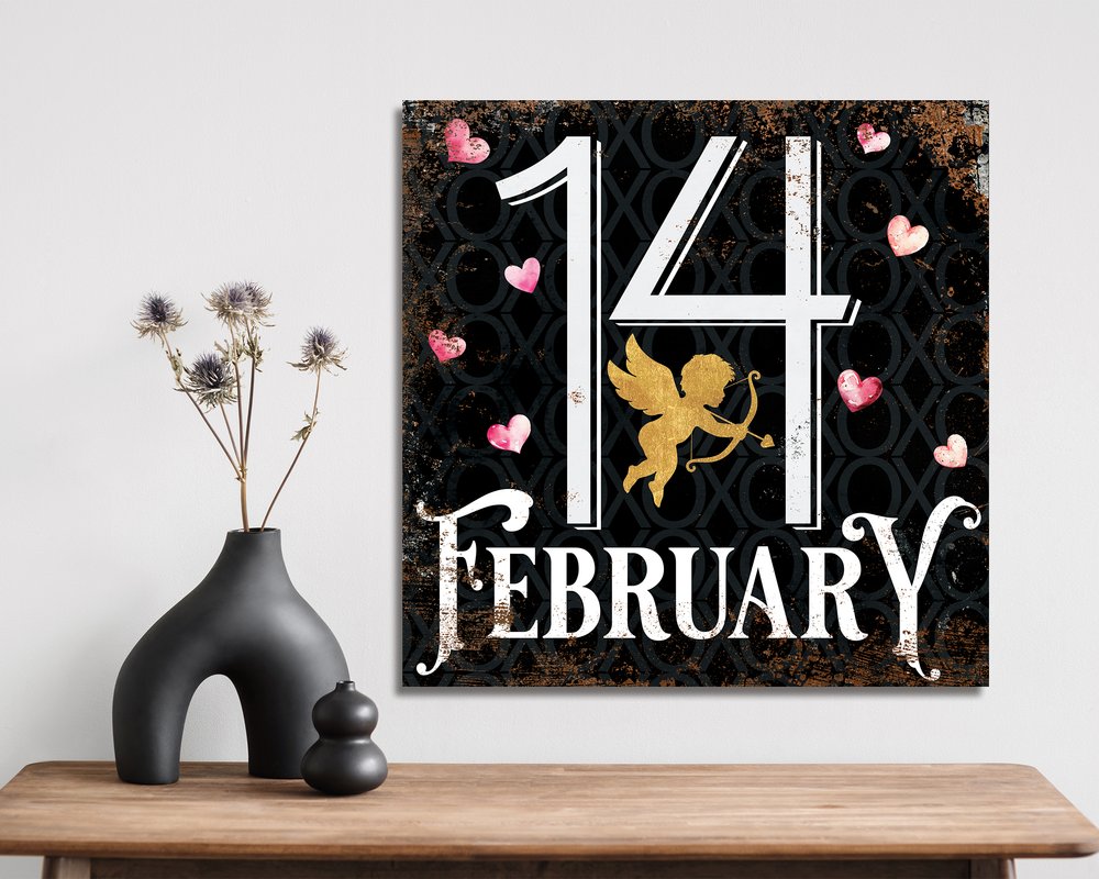 12" X 12" Black White And Pink Valentine's Day 14-Feb Canvas Square Hanging Wall Decor