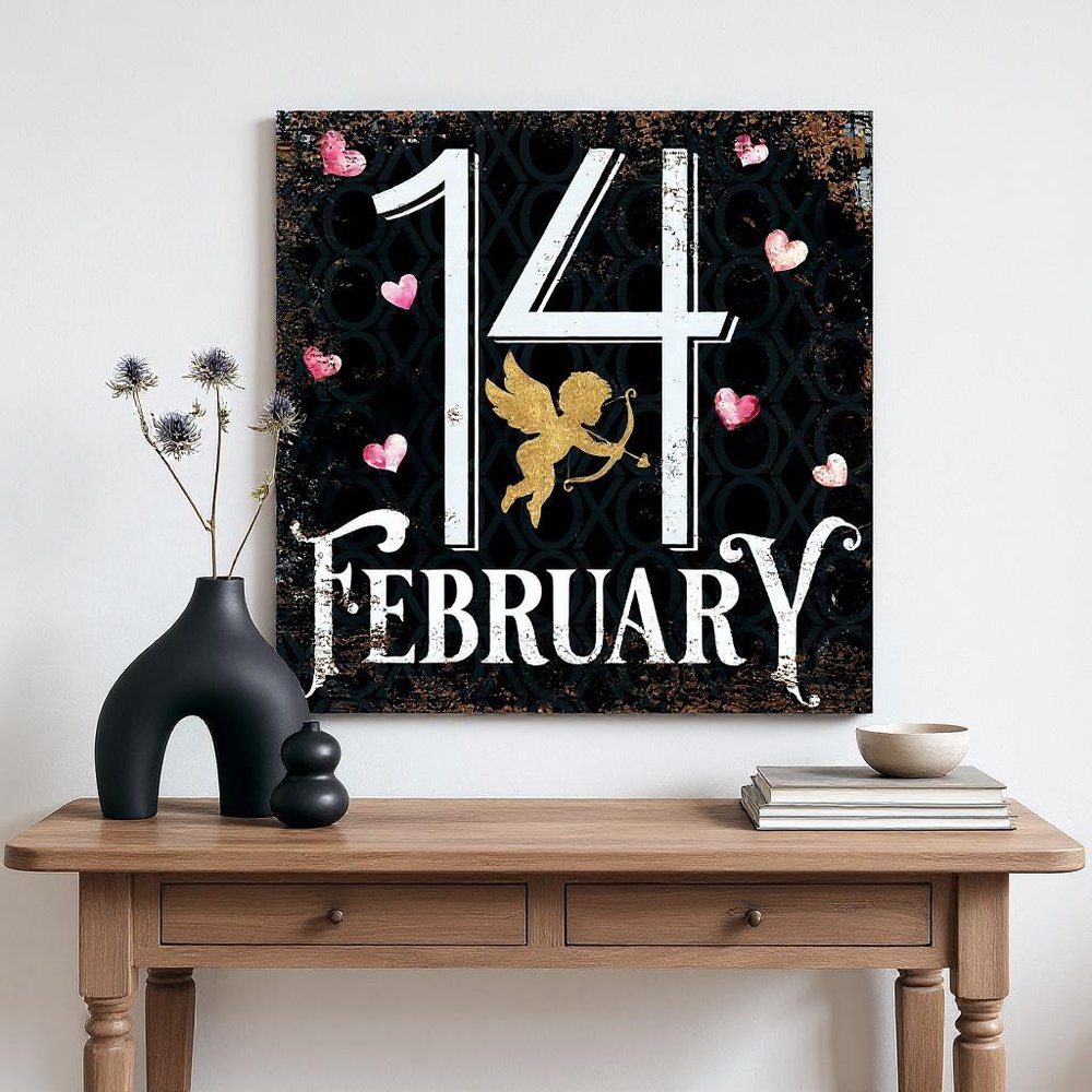 12" X 12" Black White And Pink Valentine's Day 14-Feb Canvas Square Hanging Wall Decor