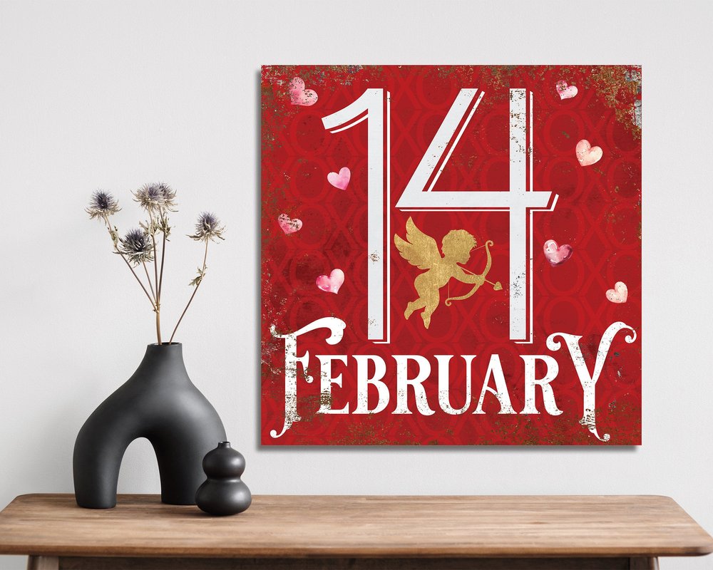 12" X 12" Red Pink And White Valentine's Day 14-Feb Canvas Square Hanging Wall Decor