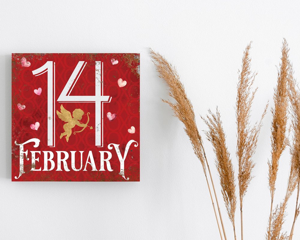 12" X 12" Red Pink And White Valentine's Day 14-Feb Canvas Square Hanging Wall Decor