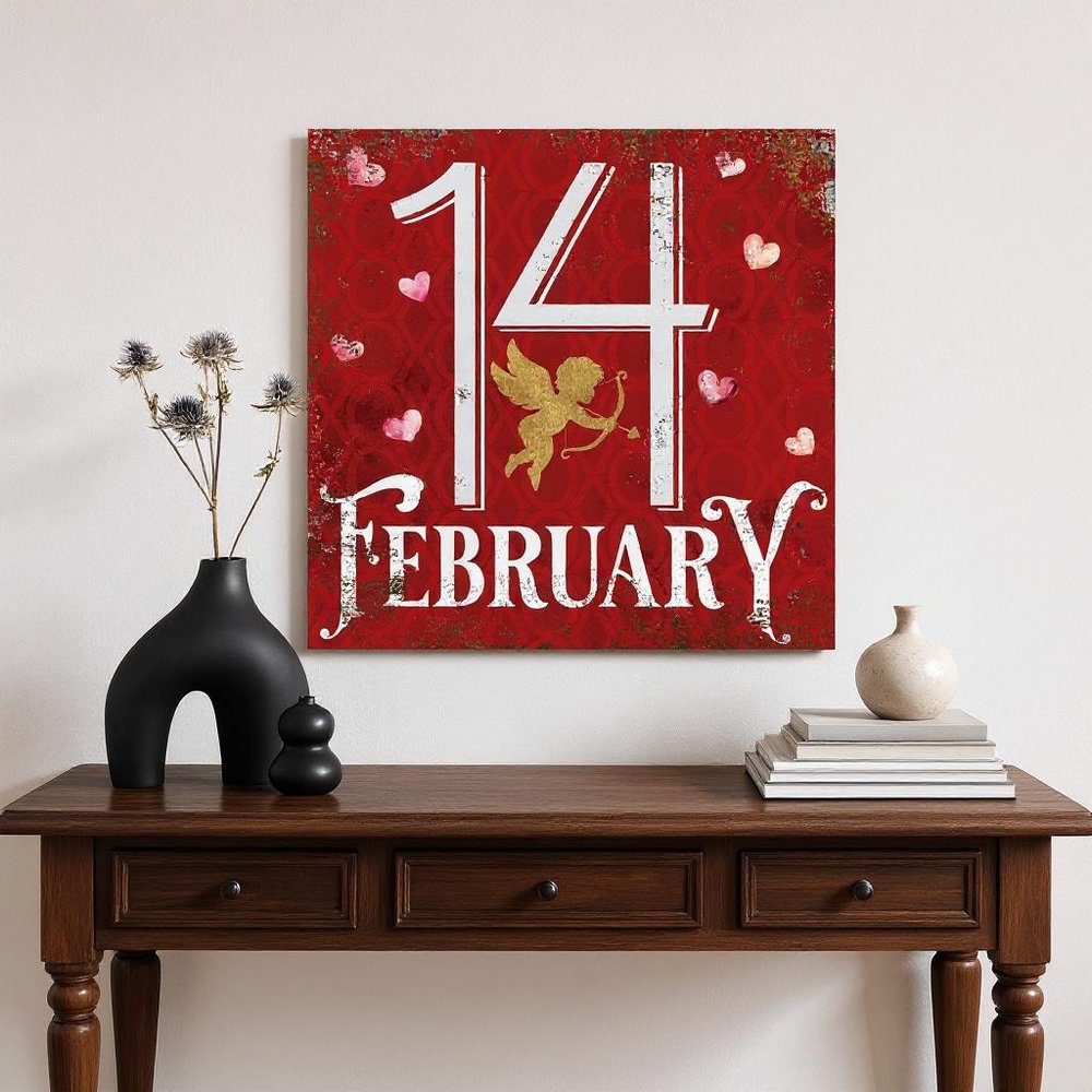 12" X 12" Red Pink And White Valentine's Day 14-Feb Canvas Square Hanging Wall Decor