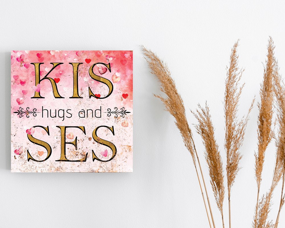 12" X 12" Pink Red And Gold Valentine's Day Hugs and Kisses Canvas Square Wall Decor