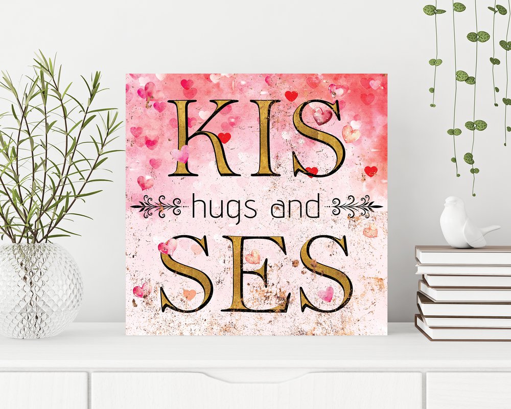 12" X 12" Pink Red And Gold Valentine's Day Hugs and Kisses Canvas Square Wall Decor