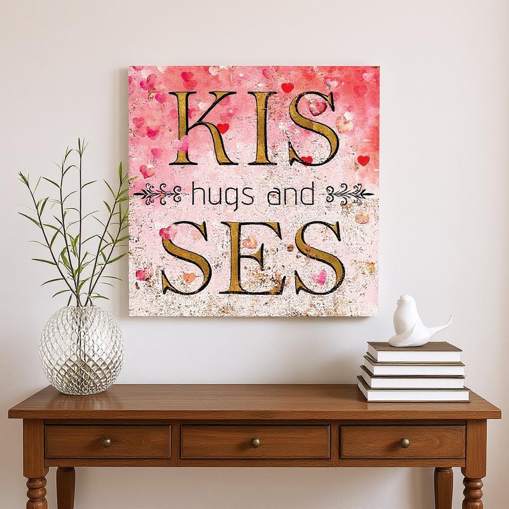 12" X 12" Pink Red And Gold Valentine's Day Hugs and Kisses Canvas Square Wall Decor