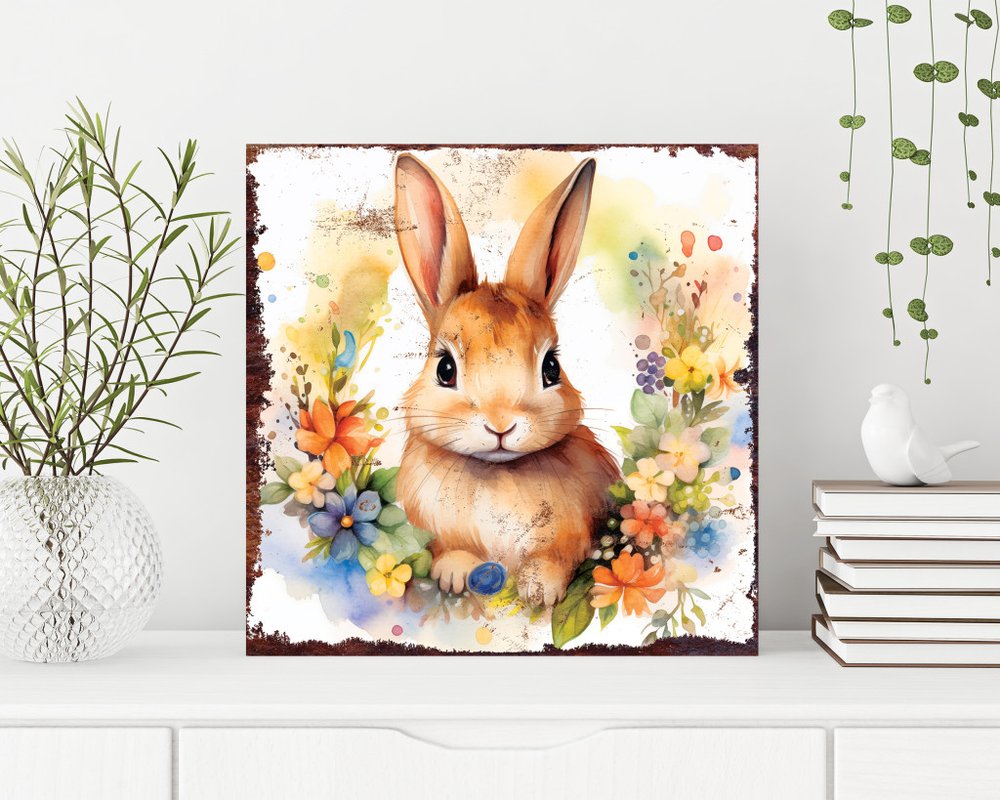 12" X 12" White Yellow And Pink Rabbit Easter Floral Canvas Square Hanging Wall Decor