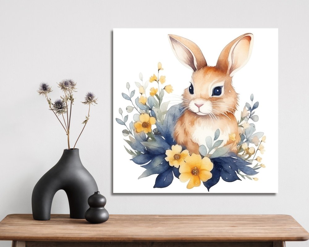 12" X 12" White Yellow And Pink Rabbit Easter Floral Canvas Square Hanging Wall Decor