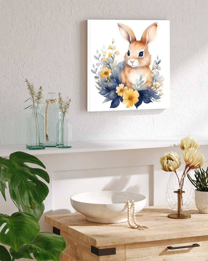 12" X 12" White Yellow And Pink Rabbit Easter Floral Canvas Square Hanging Wall Decor
