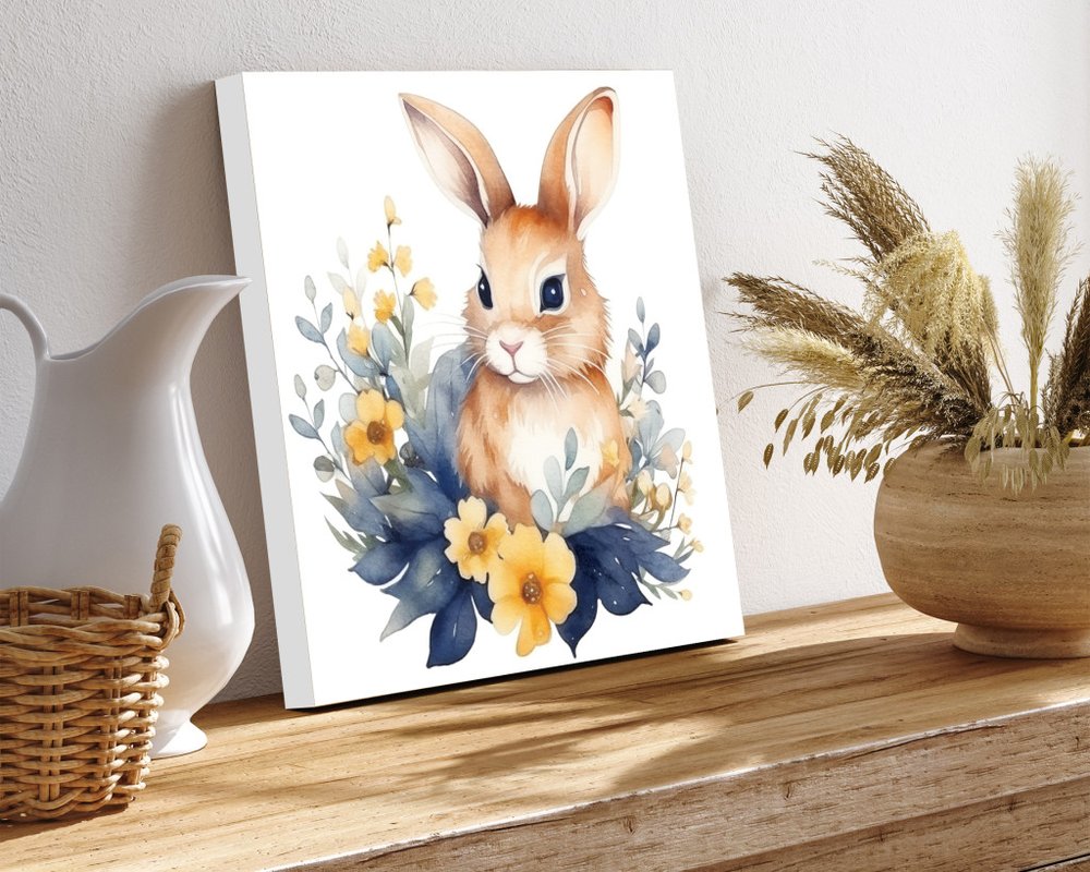 12" X 12" White Yellow And Pink Rabbit Easter Floral Canvas Square Hanging Wall Decor