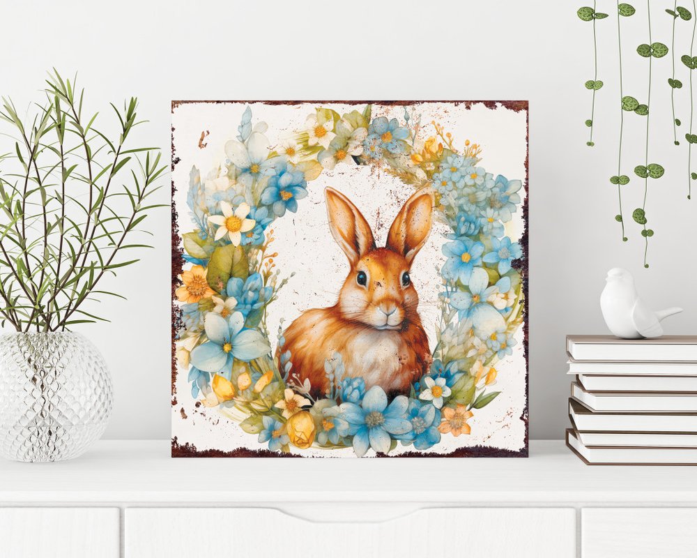 12" X 12" White Yellow And Pink Rabbit Easter Floral Canvas Square Hanging Wall Decor