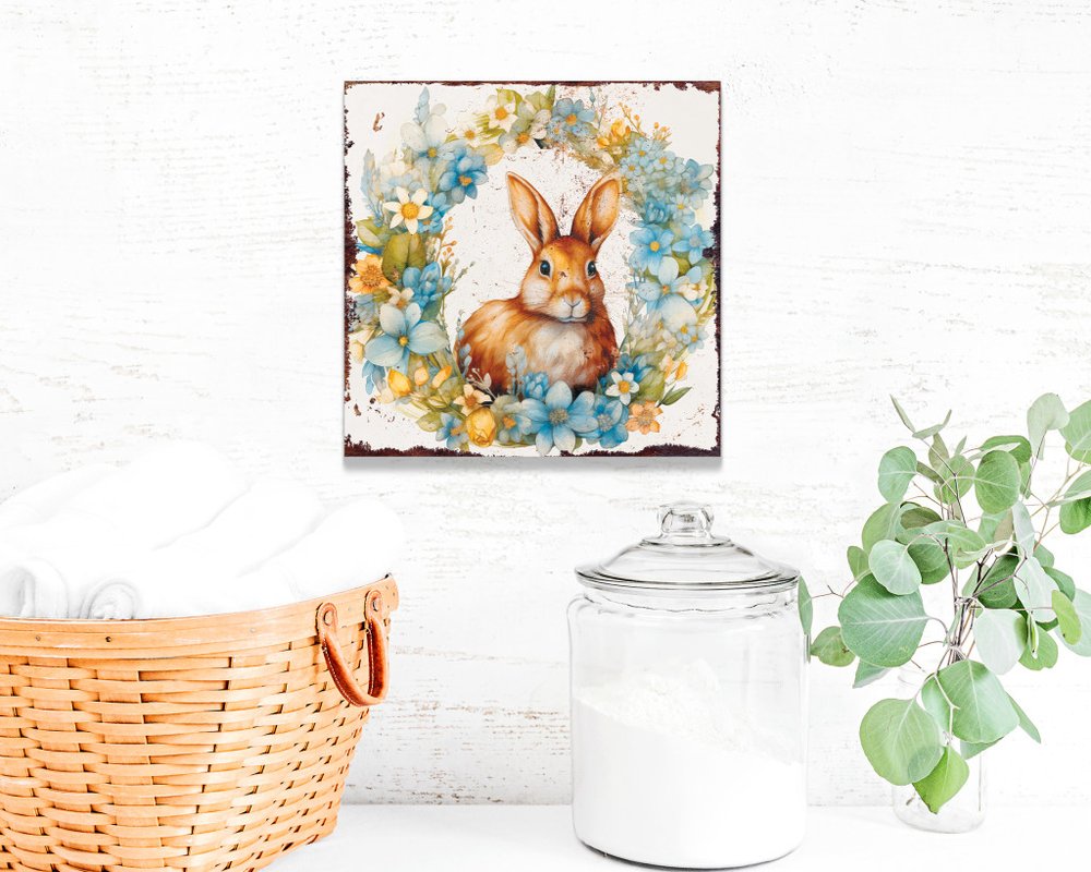 12" X 12" White Yellow And Pink Rabbit Easter Floral Canvas Square Hanging Wall Decor