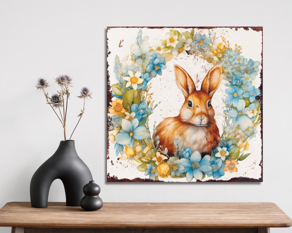 12" X 12" White Yellow And Pink Rabbit Easter Floral Canvas Square Hanging Wall Decor