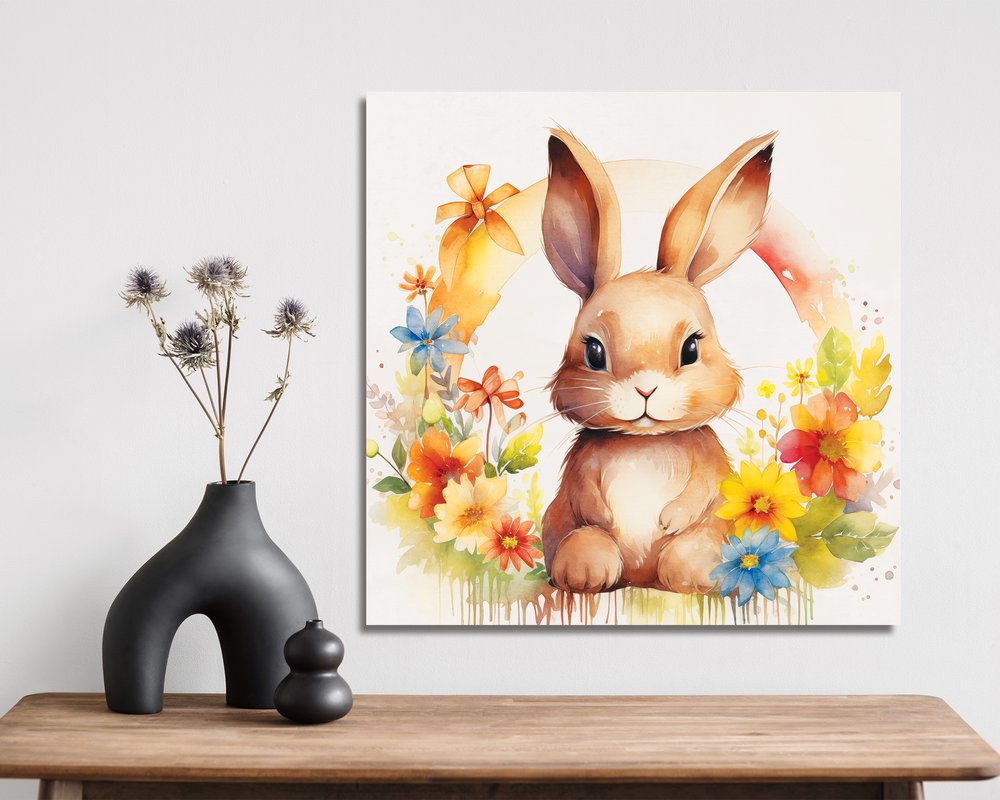12" X 12" White Yellow And Pink Rabbit Easter Floral Canvas Square Hanging Wall Decor