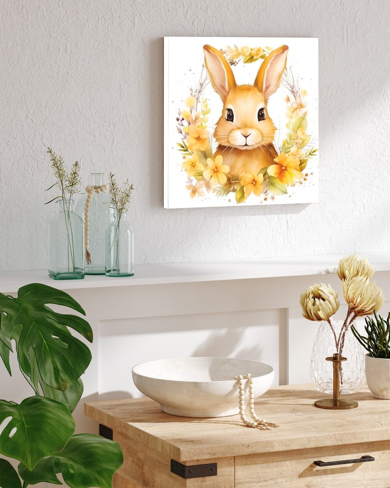 12" X 12" White Yellow And Pink Rabbit Easter Floral Canvas Square Hanging Wall Decor