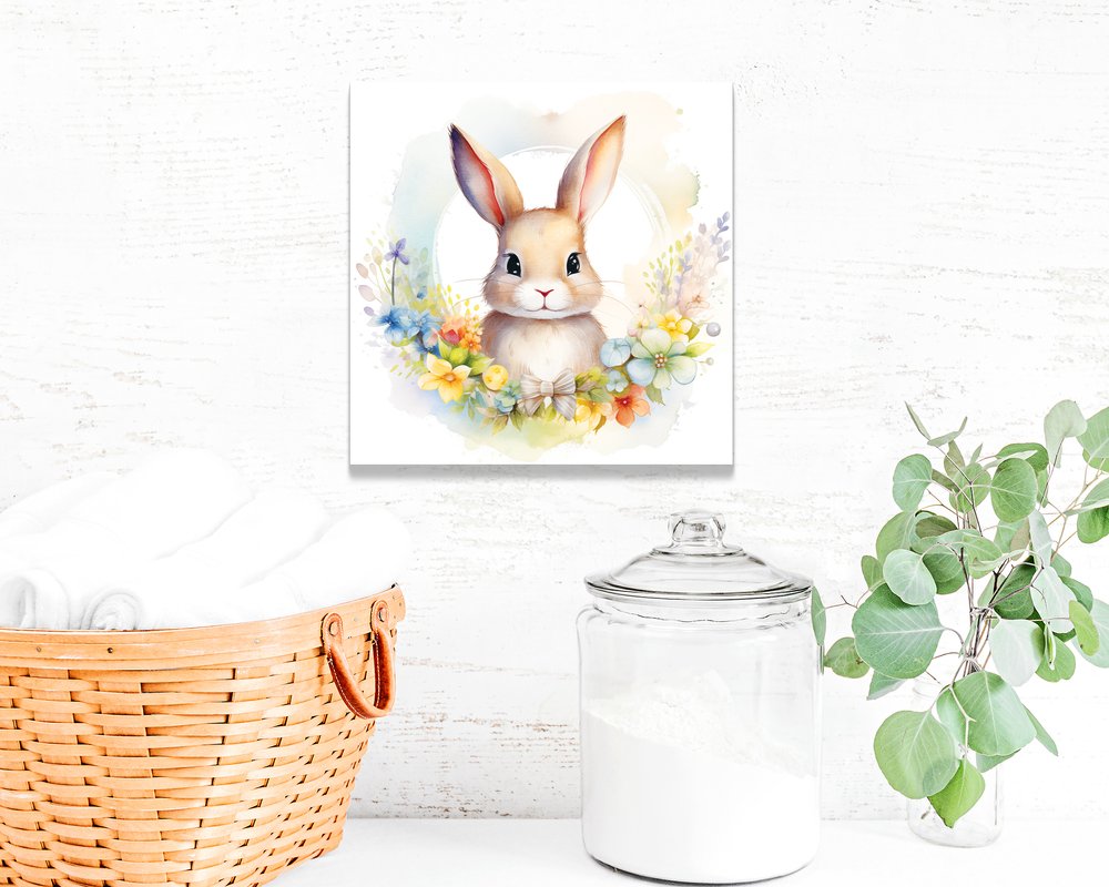 12" X 12" White Yellow And Pink Rabbit Easter Floral Canvas Square Hanging Wall Decor