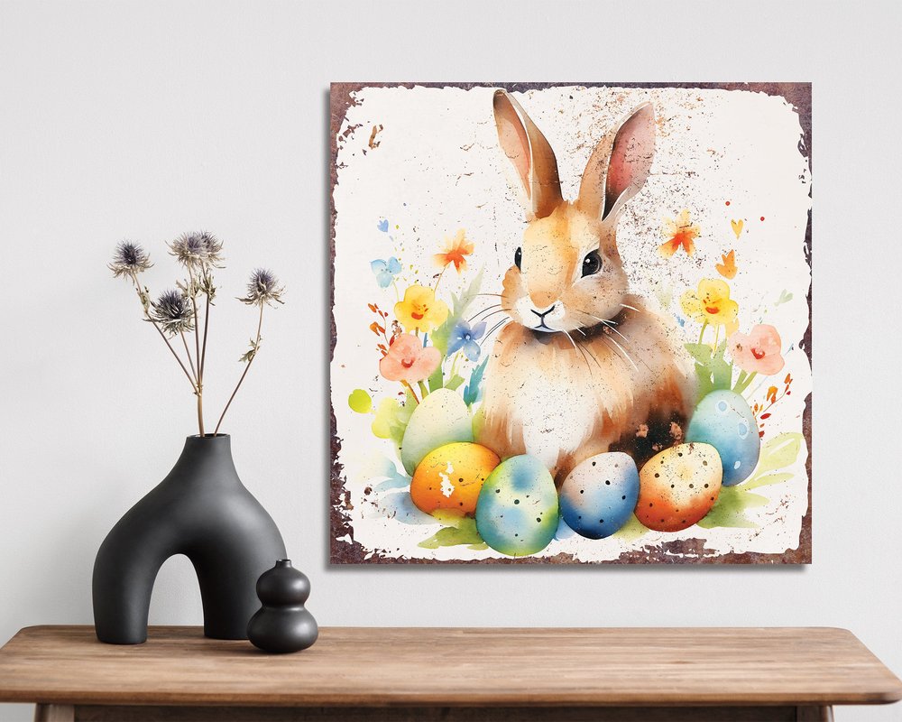 12" X 12" White Yellow And Pink Rabbit Easter Floral Canvas Square Hanging Wall Decor