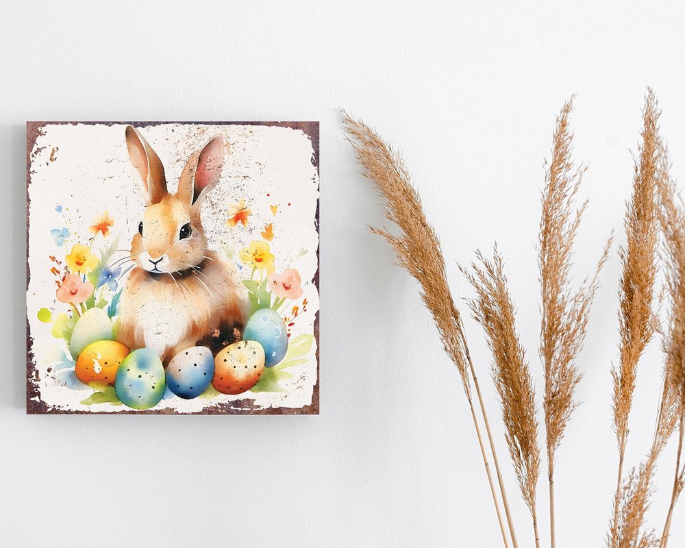 12" X 12" White Yellow And Pink Rabbit Easter Floral Canvas Square Hanging Wall Decor