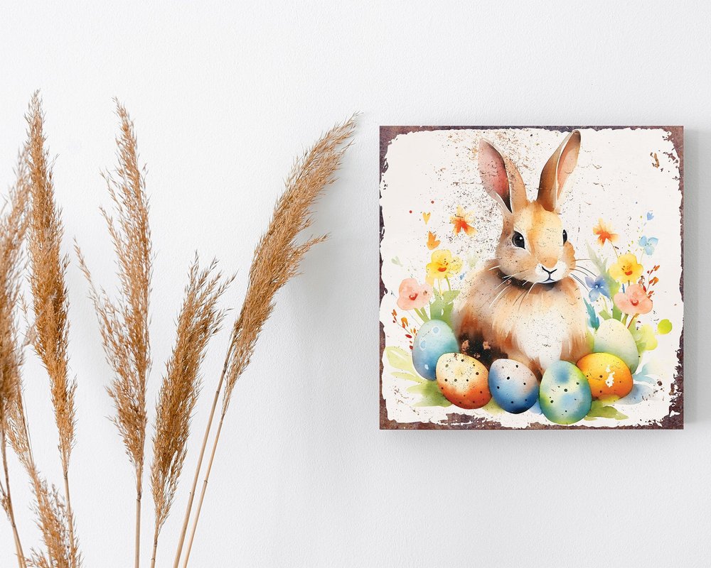 12" X 12" White Yellow And Pink Rabbit Easter Floral Canvas Square Hanging Wall Decor