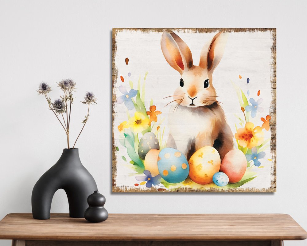 12" X 12" White Yellow And Pink Rabbit Easter Floral Canvas Square Hanging Wall Decor
